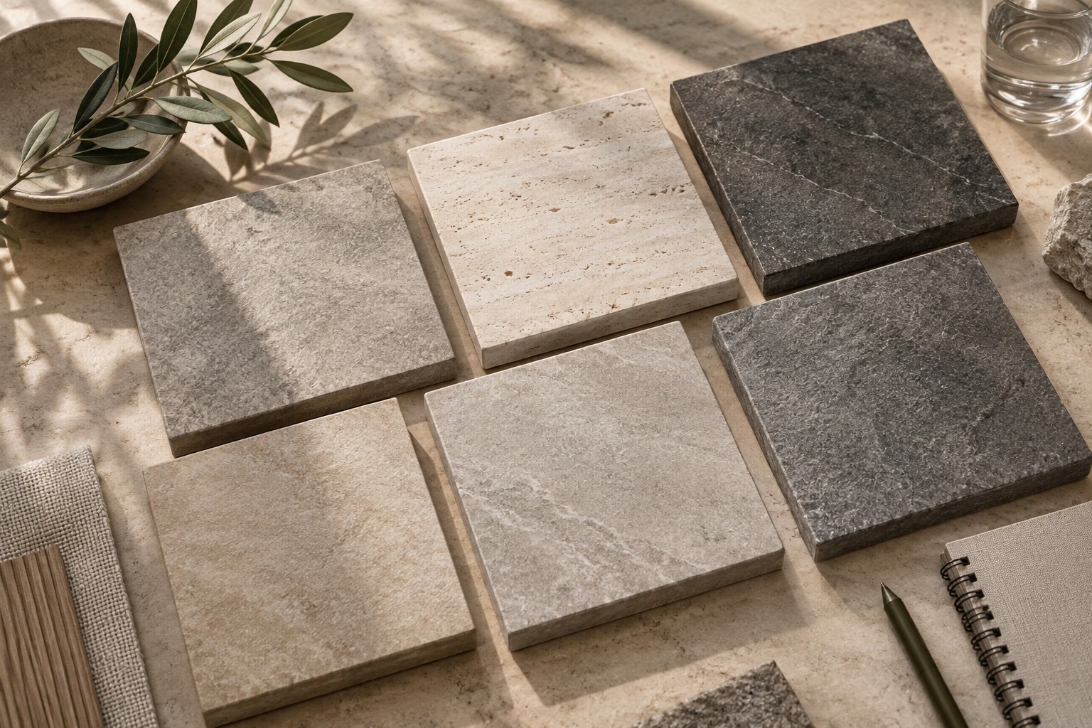Six neutral porcelain-style paver samples with different stone-look finishes