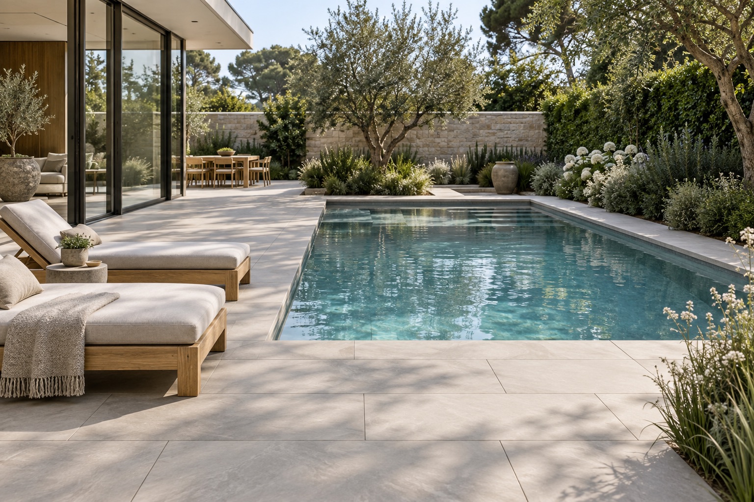 Pale porcelain-style pool deck bordered by greenery and lounge chairs