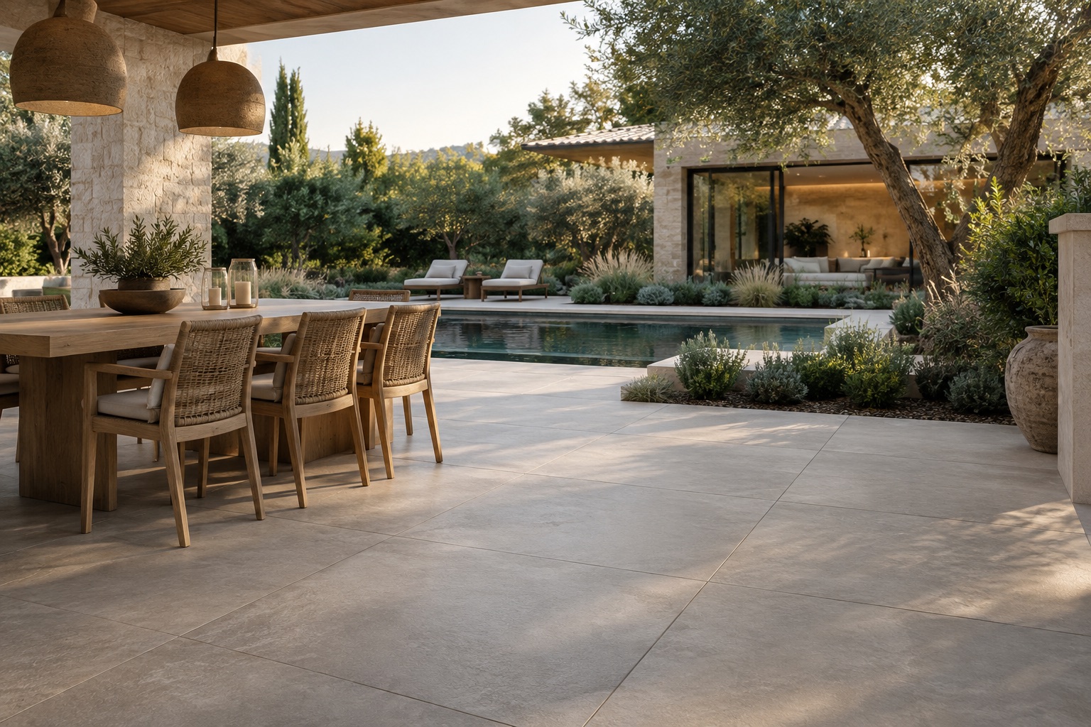 Porcelain-style garden terrace beside a contemporary home and pool