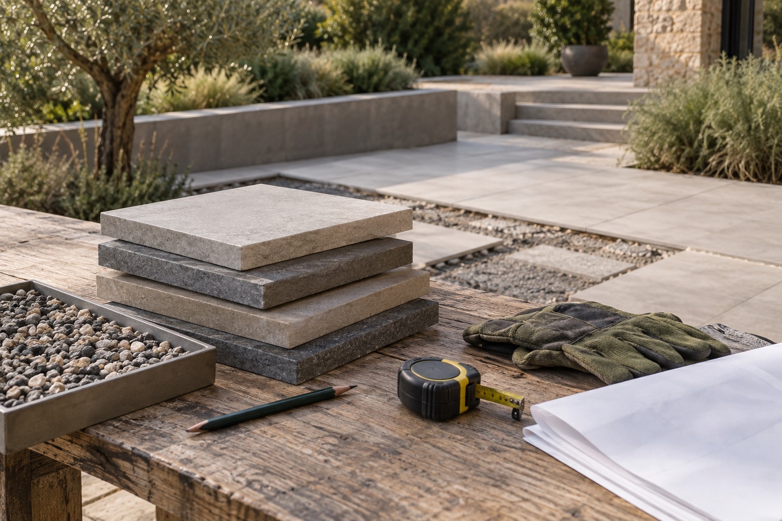 Paver samples, gloves, gravel tray and measuring tools on a planning workbench